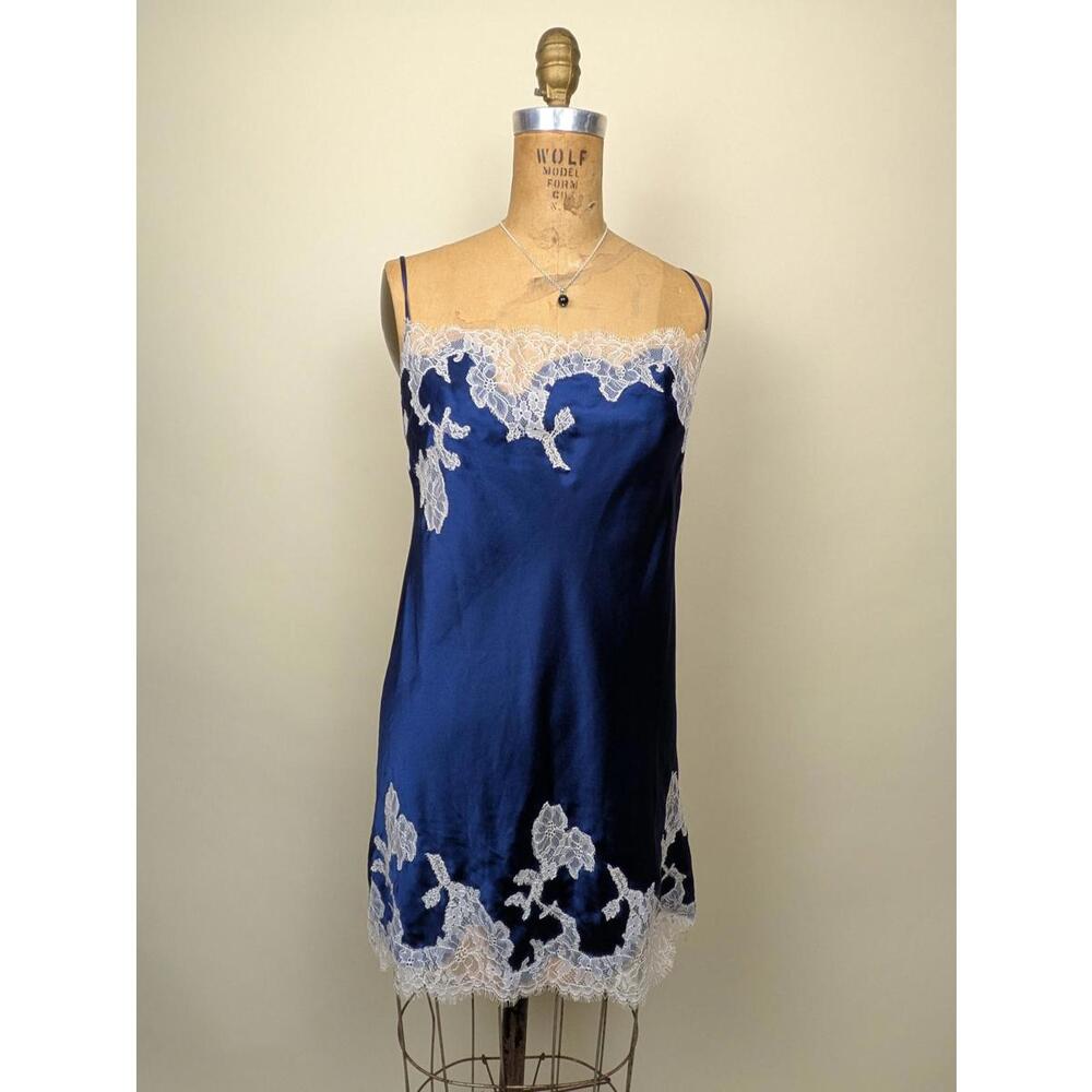 Victoria's Secret satin blue and white lace slip dress